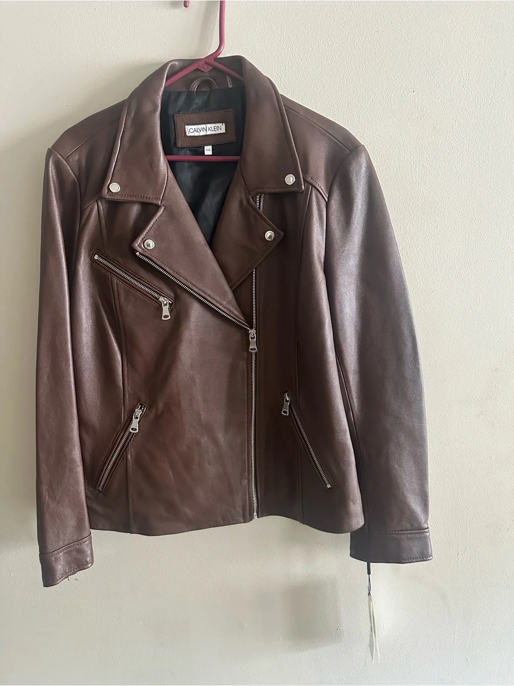 NWT Calvin Klein Women's Dark Brown Genuine Leather Moto Jacket Size XXL